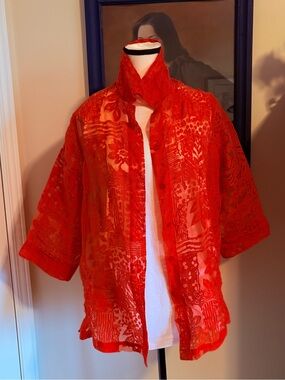 Tanjay Burnt Orange Sheer Burnout Blouse Textured Mixed Media Artsy Eclectic Y2K